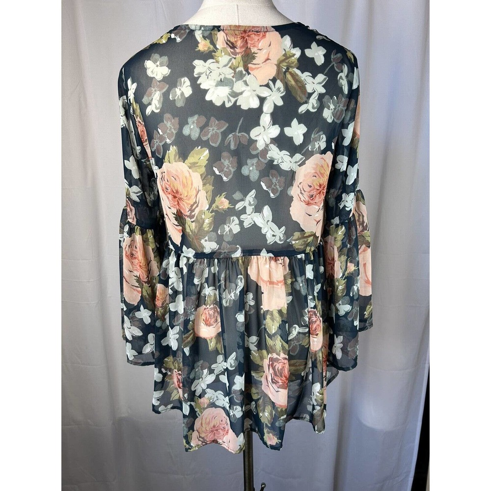 Show Me Your Mumu Womens Sz M floral Bell Sleeve Blouse black and pink see thru - Picture 5 of 8